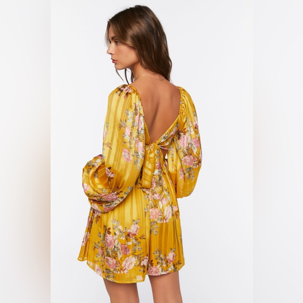 Yellow Floral Gold Thread Tie-Up Open Back Corset Balloon Sleeve Mini Midi Dress